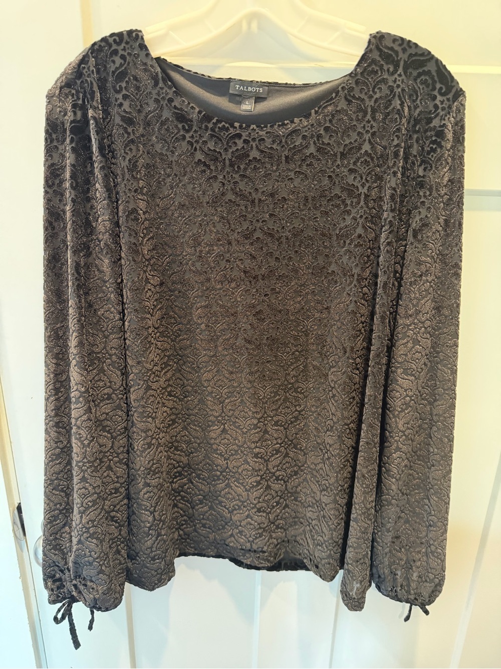 Talbots Black Damask Textured Blouse Large Long Sleeve Dressy Holiday Top